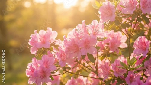 A captivating close-up of vibrant pink flowers, likely azaleas, bathed in the soft, golden glow of warm sunlight. The delicate petals and lush green foliage create a beautiful contrast, with the backg