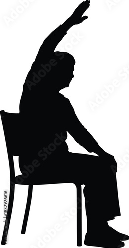Senior Woman Chair Exercise Silhouette Side Stretch Arm Raise Vector
