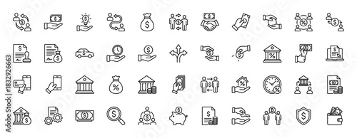 Finance and money line icon set. Vector pictograms of handshake, piggy bank, credit card, and currency exchange, thin linear illustration.
