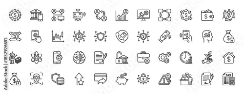 Finance and technology line icon set. Vector pictograms of cryptocurrency, security, banking, and data analysis, thin linear illustration.