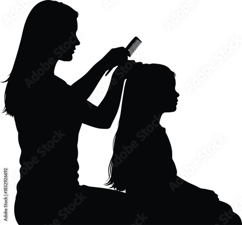 Silhouette of a woman combing the hair of a young girl Hair care and beauty routine vector graphic black and white