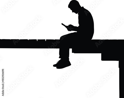Man Silhouette Sitting on Dock Using Mobile Phone Tablet Vector Graphic