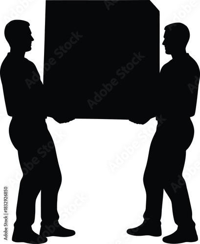 Two Men Carrying Large Object Silhouette Vector Illustration for Teamwork and Delivery