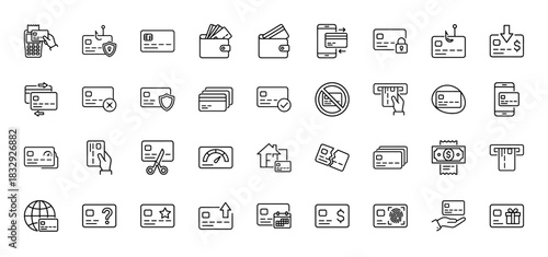 Finance line icon set. vector pictograms of wallet, credit card, atm, pin code, and security, thin linear illustration.
