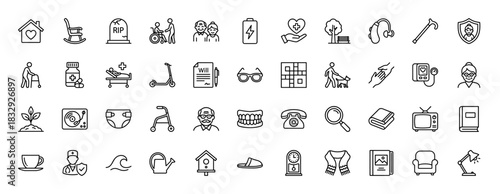 Elderly care line icon set. Vector pictograms of wheelchair, walker, cane, medicine, nursing home, dentures, hearing aid and retirement. Thin linear illustration.