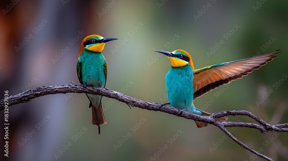 Obraz premium Colorful bee-eater bird and blue tit wildlife on a vibrant green tree branch, showing beautiful feather and beak
