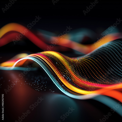Abstract wave, colorful technology background cinematic lighting, hyperrealistic, dramatic contrast, futuristic robotics design