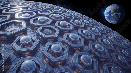 Futuristic honeycomb structure with domes and planet Earth in background.