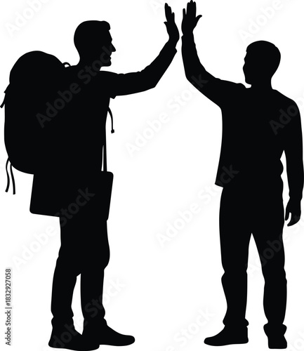 Two Male Friends High Five Silhouette Vector Illustration of Travelers Backpacking or Celebrating Success