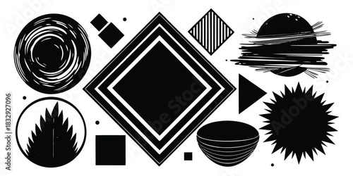 Collection of abstract geometric shapes and design elements in black and white colors
