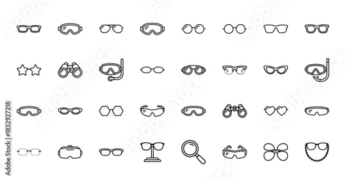 Optics and vision accessories line icon set. Vector pictograms of eyeglasses, sunglasses, goggles, binoculars, and magnifiers, thin linear illustration.