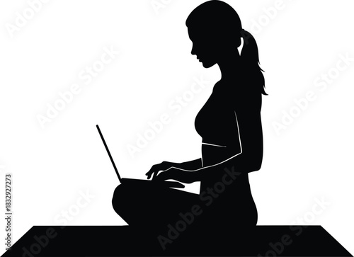 Black Silhouette of Woman Sitting on Mat Using Laptop for Remote Work Vector