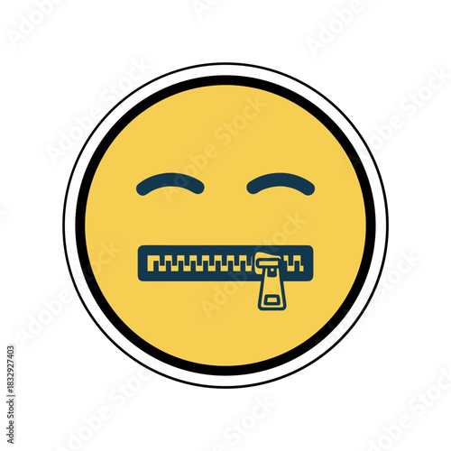 Smiling Yellow Emoji With Zipper Mouth Sealed Shut Representing Silence Or Secrecy In A Minimalist Flat Vector Art Sticker Style With A Clean Two Dimensional Design
