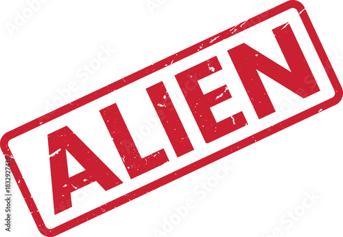 Alien Invasion Stamp: Distressed Red Rubber Stamp Effect on White Background for Sci-Fi, Conspiracy, and Unidentified Concept Designs