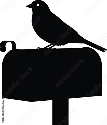 Black vector silhouette of a small bird perched on top of a traditional rural mailbox