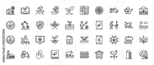Agriculture line icon set. Vector pictograms of farming, smart technology, harvest, crops, livestock, and planting, thin linear illustration.