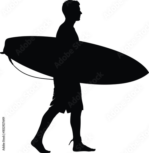 Surfer walking and carrying surfboard black silhouette vector graphic illustration