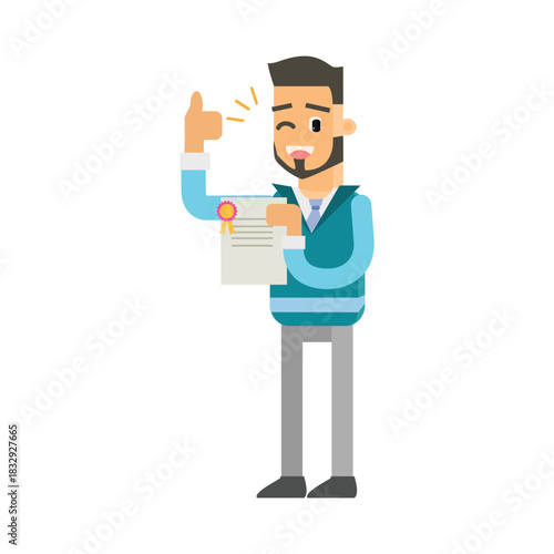 Proud businessman holding a certificate diploma and pointing his finger up. Concept of education and achievement