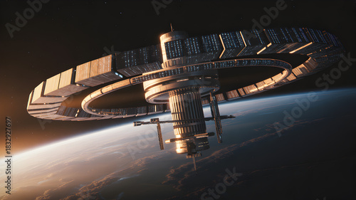 Fototapeta Naklejka Na Ścianę i Meble -  Orbital space station above Earth, futuristic space exploration, science fiction concept.