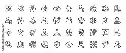 Human resources and business talent line icon set. vector pictograms of gear, people, star, medal, and brain, thin linear illustration.
