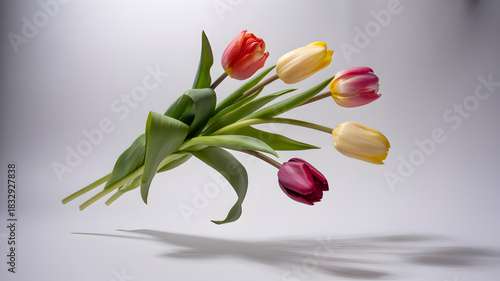 Levitating tulip bouquet with multiple colors on a plain background.