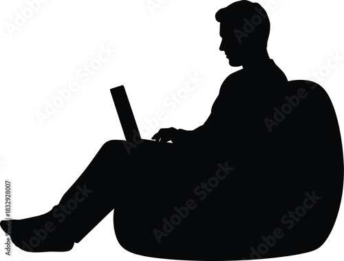 Man Silhouette Working on Laptop While Relaxing on Bean Bag Chair Vector