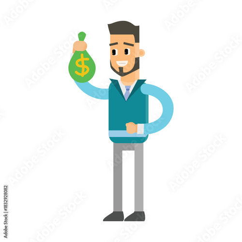 Happy man holding a green bag full of money representing profit or savings