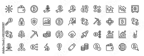 Cryptocurrency line icon set. Vector pictograms of trading charts, mining tools, wallet, security lock, and blockchain nodes, thin linear illustration.
