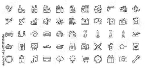 Prohibited, restricted, and regulated goods line icon set. Vector pictograms of narcotics, weapons, alcohol, and explosives, thin linear illustration.