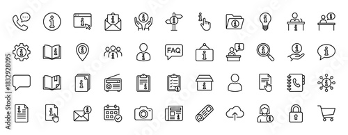 Information and communication line icon set. Vector pictograms of support, contact, assistance, guide, and help, thin linear illustration.