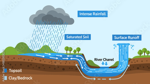 Illustrative diagram showcasing surface water runoff dynamics. Demonstrates how heavy precipitation saturates soil, causing rainwater flow into river channels