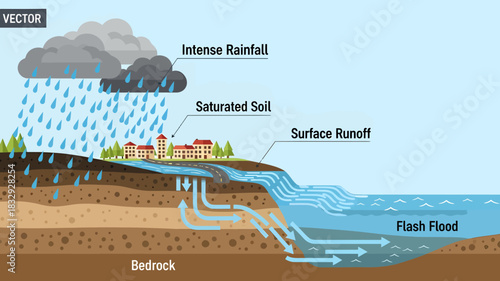 Illustrative diagram detailing the natural process of intense rainfall, showcasing soil saturation, surface runoff, and the resulting dangerous flash floods