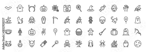 Halloween line icon set. Vector pictograms of pumpkin, ghost, bat, witch, vampire, skull, and candy, thin linear illustration.