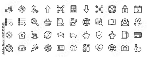 Finance and banking line icon set. Vector pictograms of dollar, calculator, calendar, card, money, basket, and education, thin linear illustration.