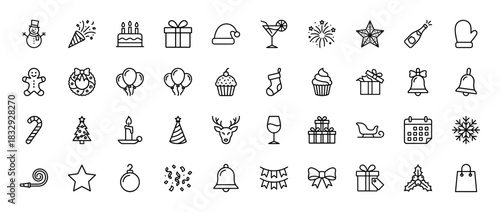 Christmas and new year outline icon set. vector pictograms of gift box, santa hat, snowman, cake, and confetti, thin linear illustration.