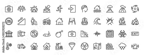 Disaster and emergency line icon set. Vector pictograms of explosion, first aid kit, house fire, tsunami, and road closed sign, thin linear illustration.