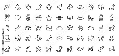 Pet care outline icon set. Vector pictograms of dog grooming, medicine, food bowls, collar, leash, and dog house, thin linear illustration.