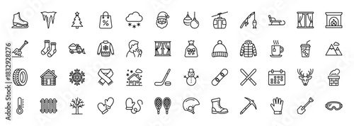 Winter and holiday season line icon set. Vector pictograms of snowflake, santa, ice skating, cabin, and snowman, thin linear illustration.