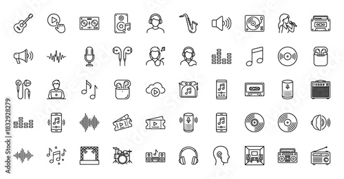 Music and audio line icon set. Vector pictograms of headphones, microphone, saxophone, amplifier, and turntable, thin linear illustration.
