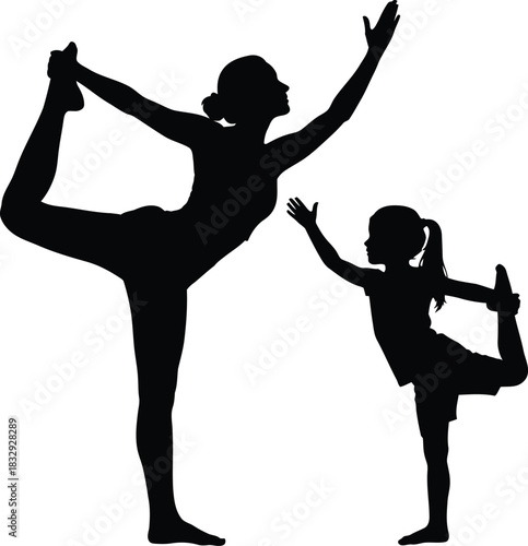 Mother and daughter yoga silhouette practicing balancing pose Dancer pose vector illustration