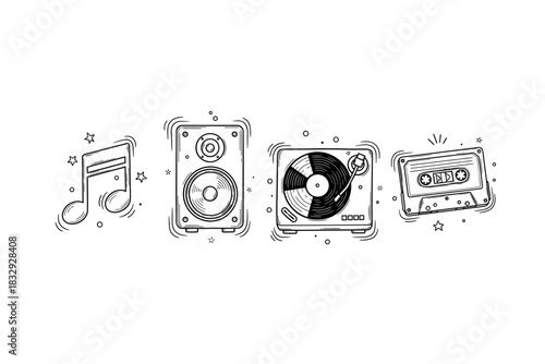 Hand-drawn musical icons: note, speaker, vinyl, cassette art
