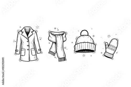 Winter clothing set: coat, scarf, hat, mittens in black and white sketch style