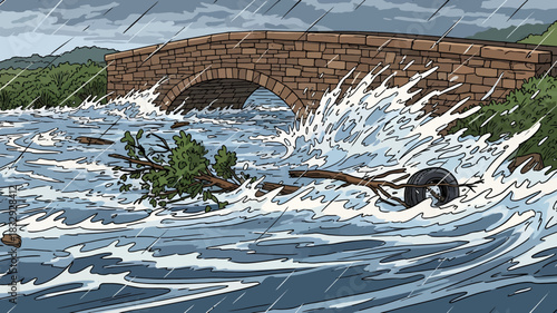 Flooding River with Bridge after Storm