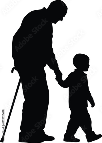 Grandfather and grandson walking hand in hand silhouette vector illustration
