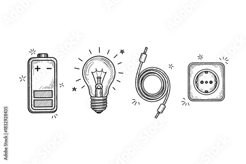 Hand-drawn battery, light bulb, cable, and electrical outlet icons