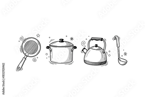 Hand-drawn kitchen utensils set: frying pan, pot, kettle, ladle in black and white