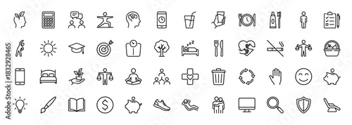 Wellness and healthy lifestyle line icon set. Vector pictograms of fitness, diet, sleep, balance, and growth, thin linear illustration.