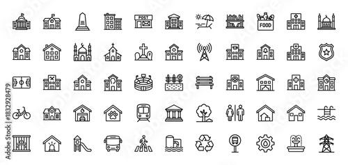 Municipal and public services line icon set. Vector pictograms of post office, hospital, police, park, and transportation, thin linear illustration.