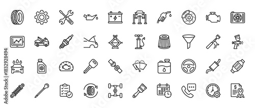 Automotive service line icon set. Vector pictograms of repair tools, engine parts, and car maintenance equipment, thin linear illustration.