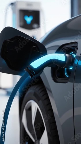 Person charging an electric car with a charging station in the garage